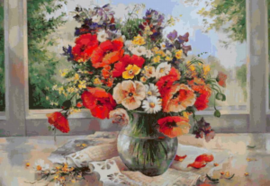 Маки м ромашки - полевые цветы, мак, цветы, маки, ромашки, ромашка, панно - предпросмотр