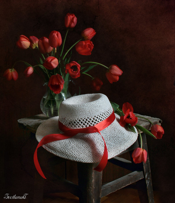 натюрморт - цветы, шляпа, тюльпаны, натюрморт - оригинал