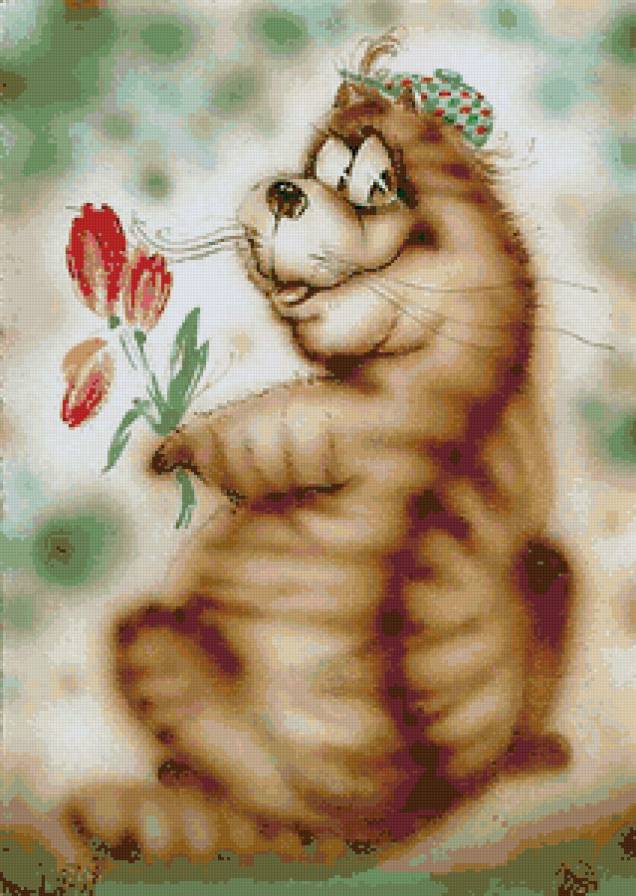 Смешной кот - кошки, цветы, животные, рисунок - предпросмотр