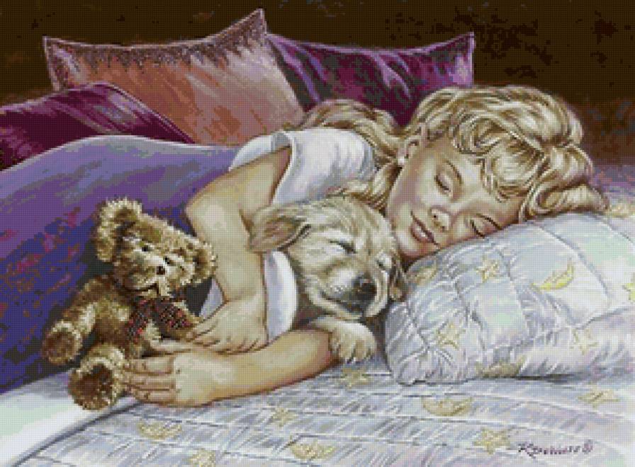 Сладкий сон - дети, живопись, щенок - предпросмотр