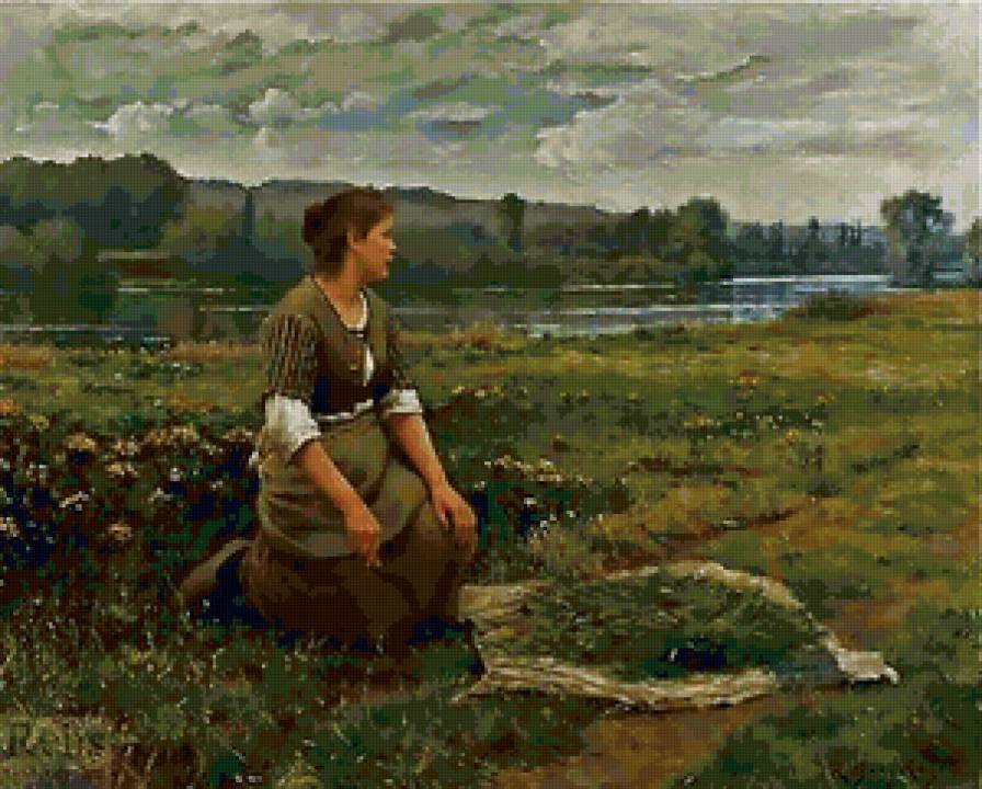 Собирательница - девушка, река, пейзаж, лето - предпросмотр