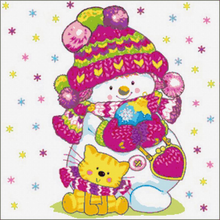 Снеговик и котёнок - котенок, снег, зима, новый год, рождество, снежинки, снеговик - предпросмотр