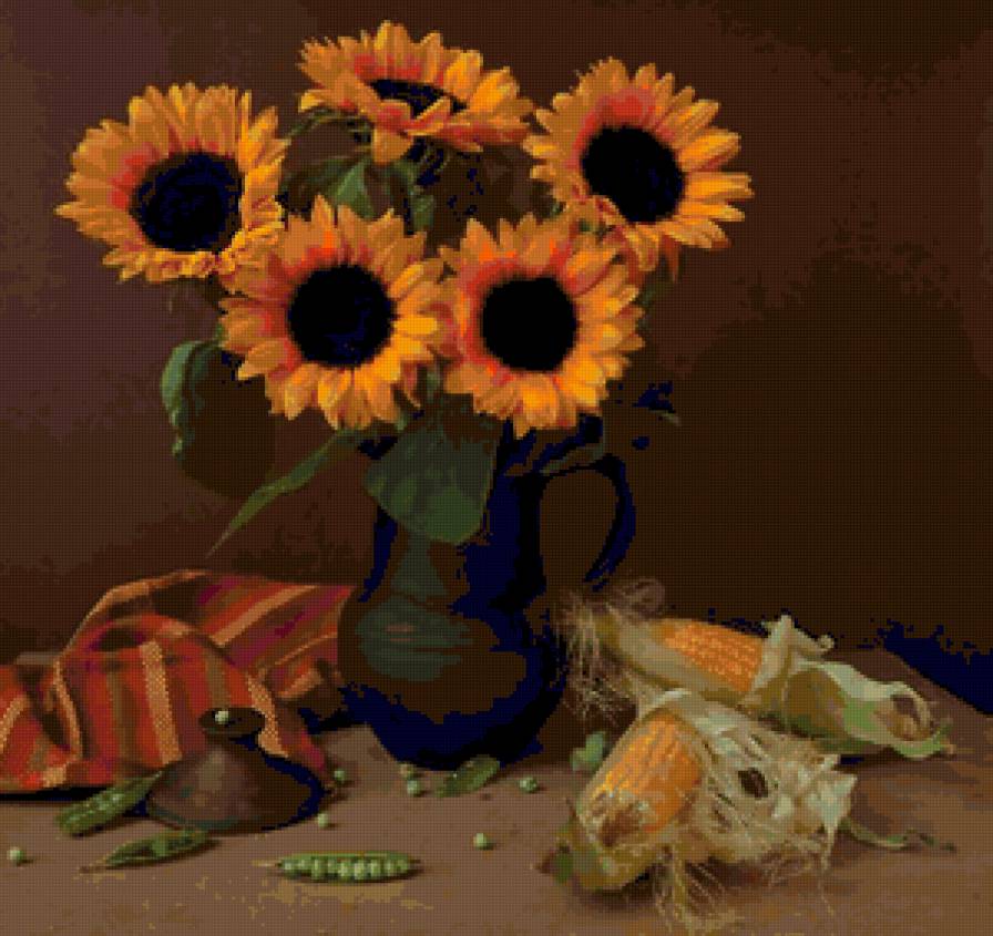 Натюрморт с подсолнухами - цветы в вазе, букет, натюрморт - предпросмотр