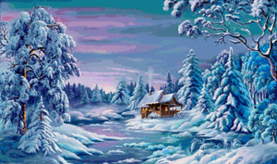 зима - домик в лесу, ночь, зима - предпросмотр