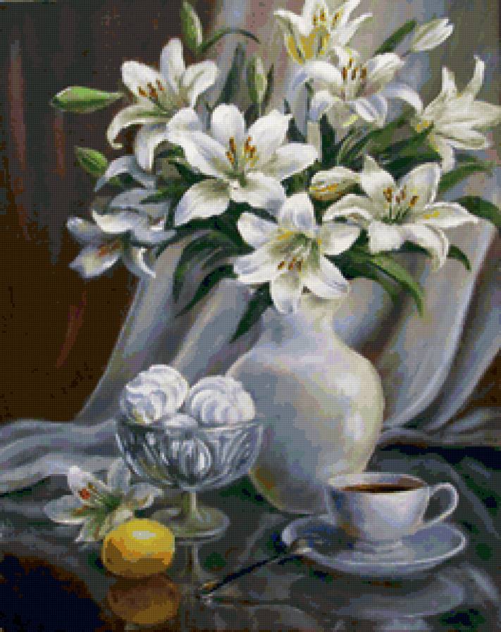 Натюрморт - лилии, зефир, картина, живопись, натюрморт, цветы - предпросмотр