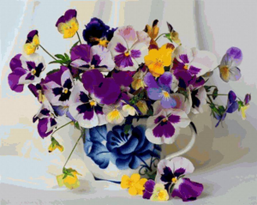 Анютины глазки - букет, гжель, цветы - предпросмотр