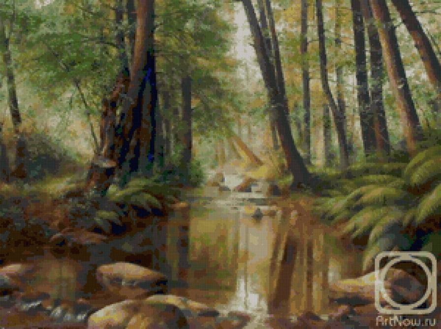 Ручей в лесу - лес, природа, картина, река, пейзаж - предпросмотр