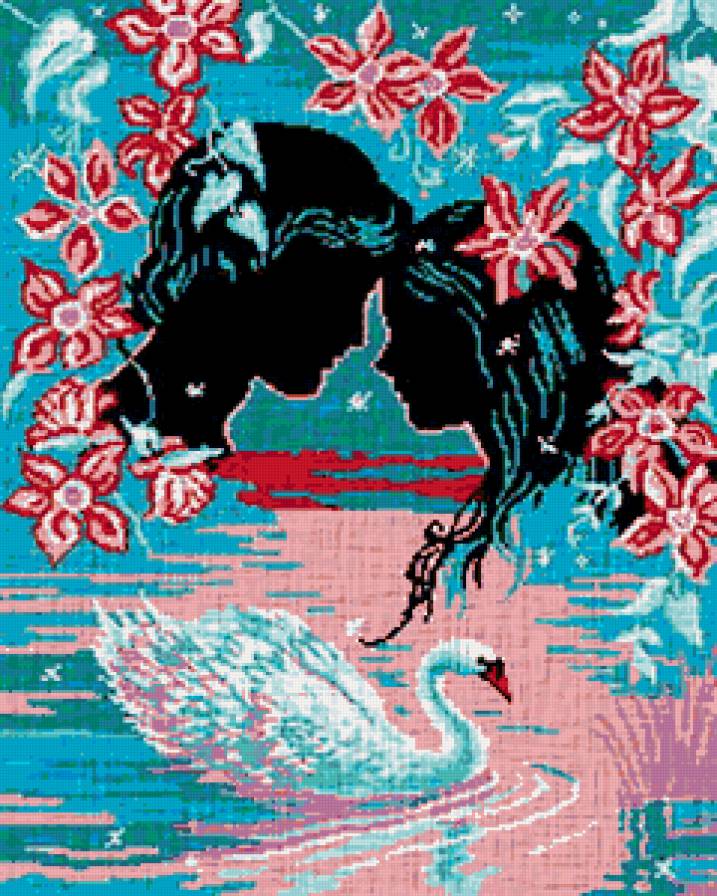 нежность - картина, силуеты, любовь, лебедь, романтика, двое, птицы, влюбленные - предпросмотр