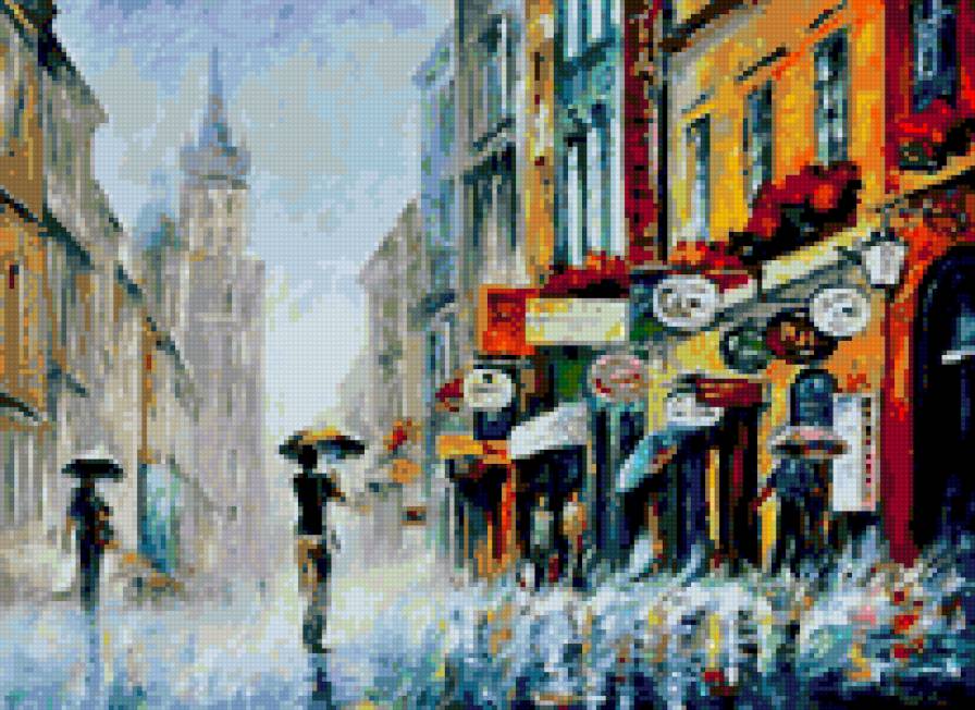 картина Л. Афремова - дождь, город - предпросмотр