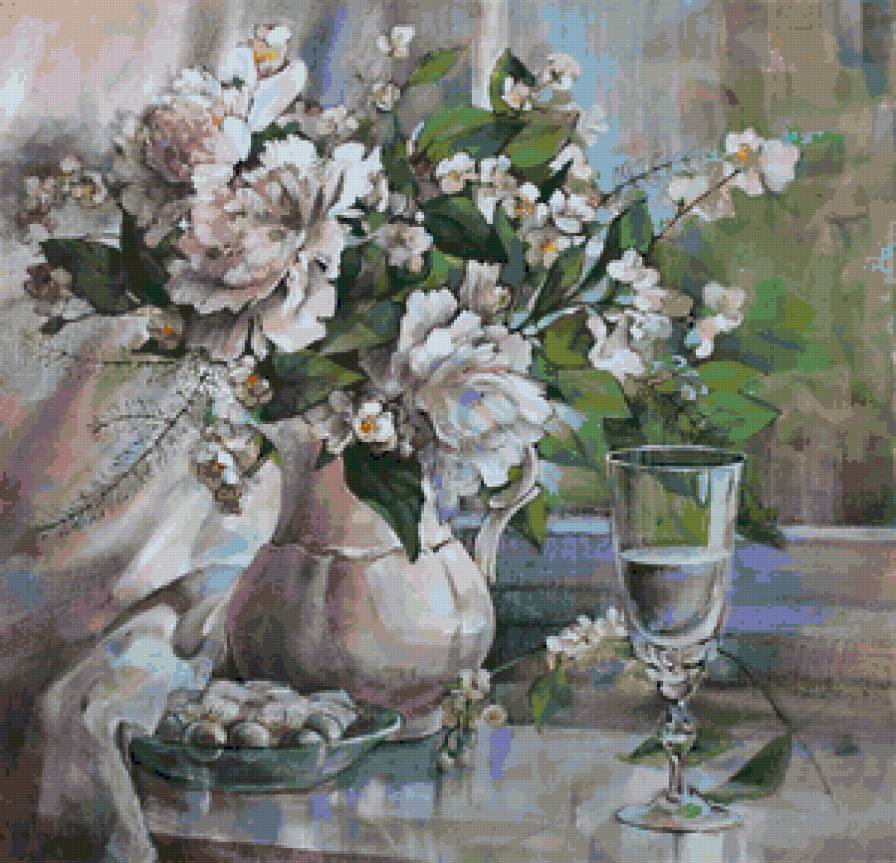 Белые пионы - весенние цветы, бокал, натюрморт, букет, пионы, цветы, цветочки - предпросмотр