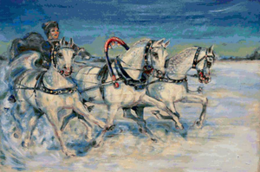 тройка лошадей - животные, упряжка, снег, лошади, сани, зима - предпросмотр