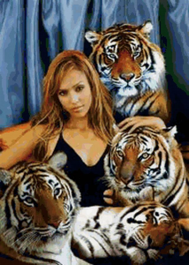 Девушка с тиграми - кошки, тигры, животные - предпросмотр