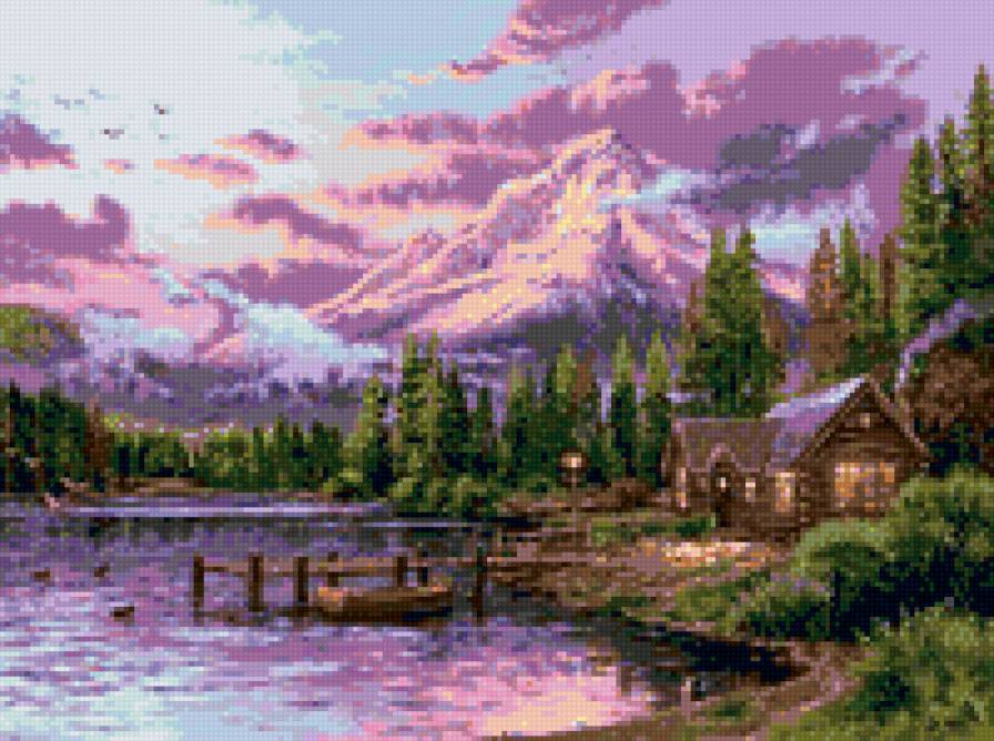 у причала - птицы, природа, река, пейзаж, вода, лес, горы, лодка, домик - предпросмотр