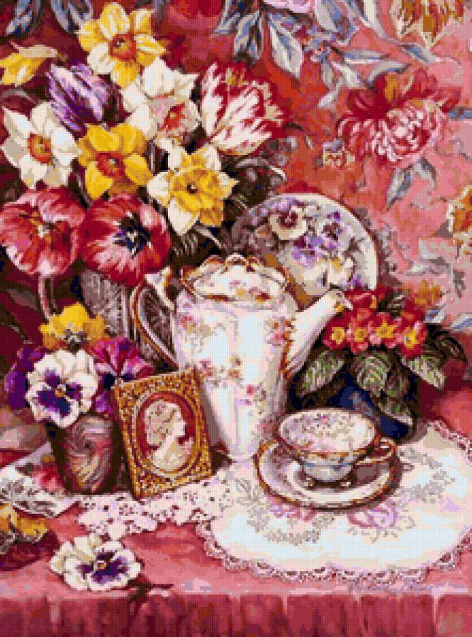 Прелестный натюрморт - ретро, тюльпаны, цветы, натюрморт, кружево, камея, анютки, панно - предпросмотр