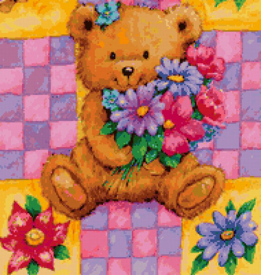 Мишка с цветами - подушка, мишка, детская, детям - предпросмотр