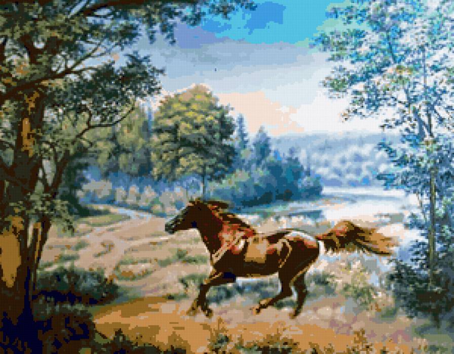 На воле - конь, природа, кони, лес, лошади, животные, небо - предпросмотр