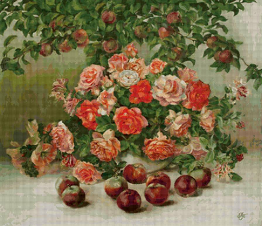 розы под яблонней - яблоки, цветы - предпросмотр