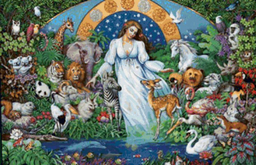 Девушка и животные - девушка, пейзаж, животные, живопись - предпросмотр