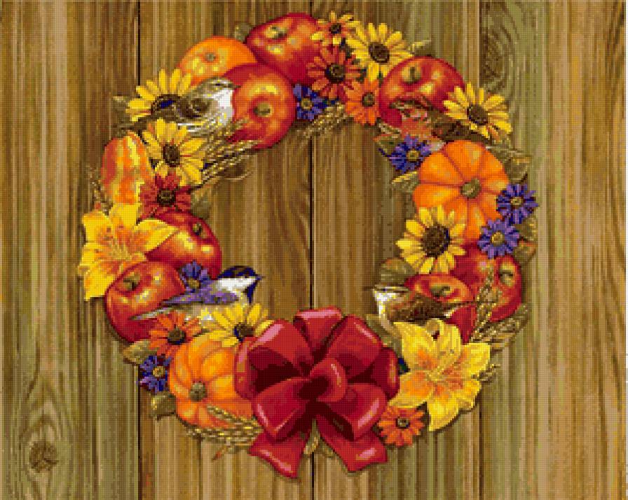 осенний венок - птицы, цветы, венок, фрукты - предпросмотр