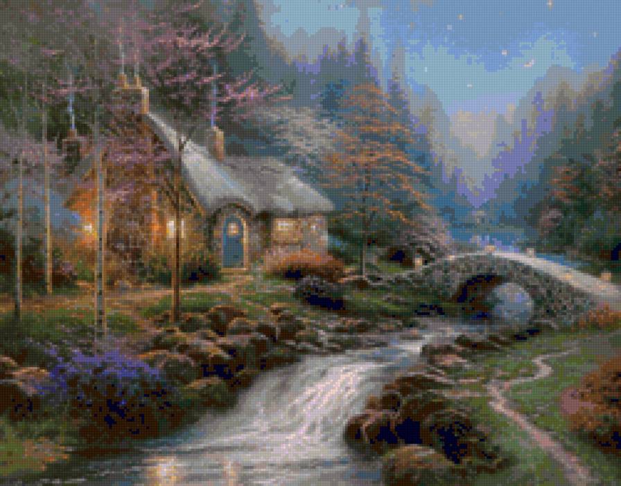 домик у реки - томас кинкейд, река, домик, пейзаж - предпросмотр