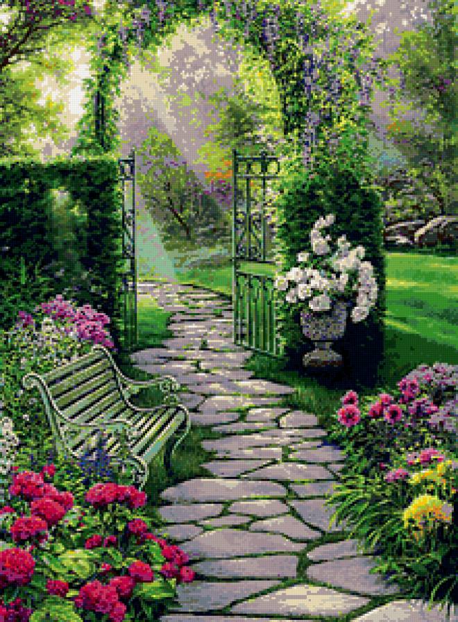 Лавочка в саду - цветы, лавочка, сад - предпросмотр