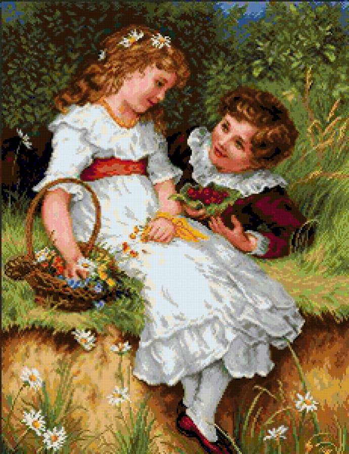 Первая любовь - девочка, первая любовь, корзинка, мальчик, дети, картина - предпросмотр