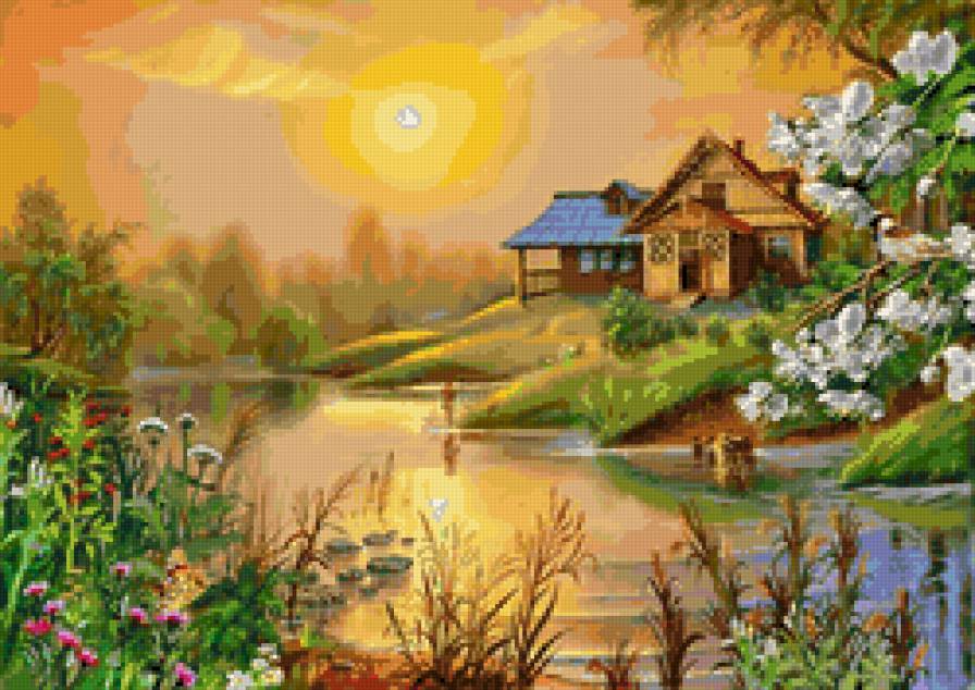 лето - домик, река, лето, пейзаж - предпросмотр