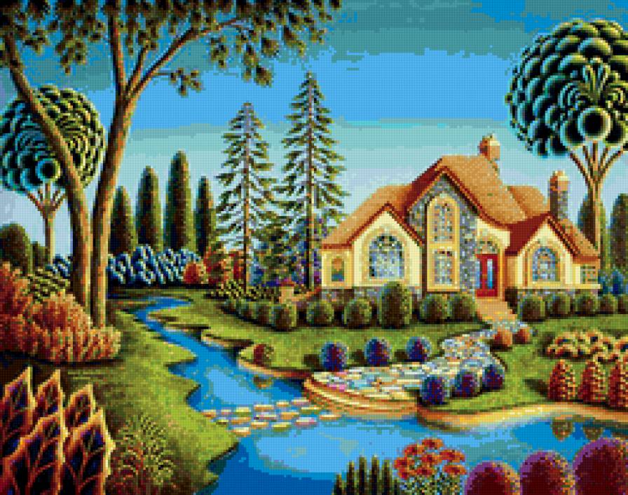 Сказочный домик - пейзаж, дом, река, живопись - предпросмотр