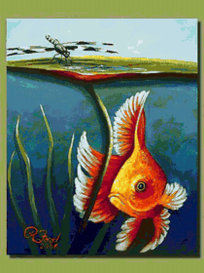 Золотая рыбка - рыбка, золотая рыбка, рыба, вода, кувшинка, цветок, рыбки - предпросмотр