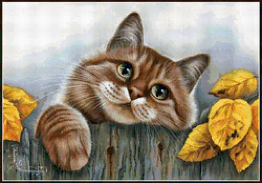 Кот на заборе - коты, животные, живопись - предпросмотр