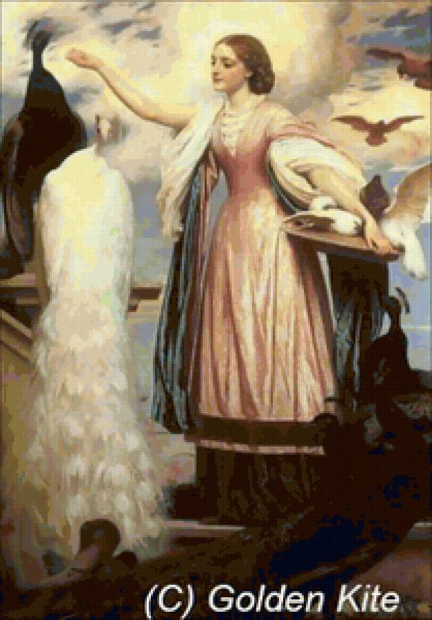 Кормление птиц - живопись, птицы, пейзаж, девушка - предпросмотр