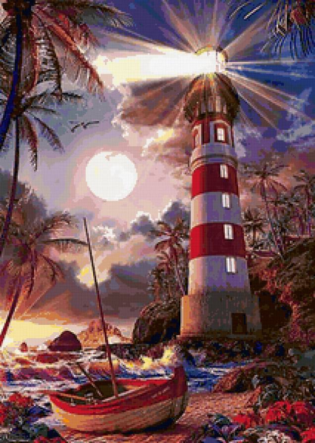 Маяк - пейзаж, маяк, лодка, живопись, море - предпросмотр