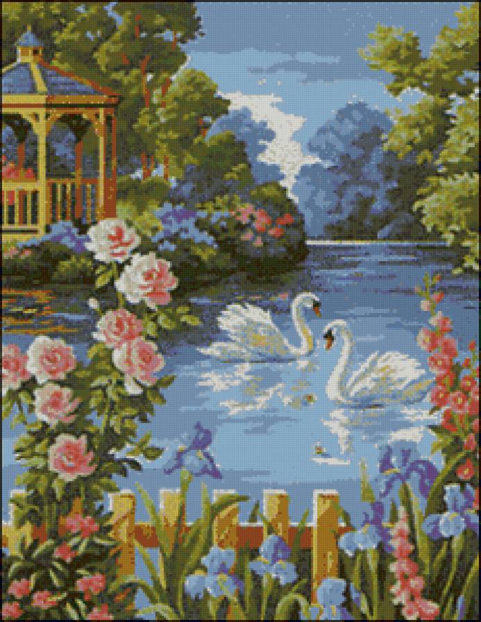 картина - лебеди, беседка, природа, пейзаж - предпросмотр