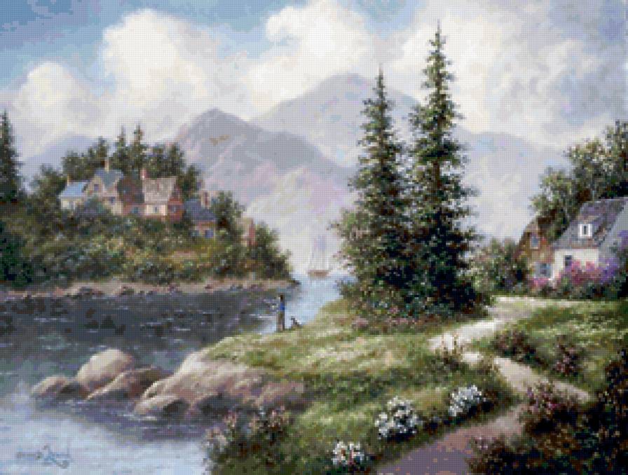 Серия "Пейзажи" - горы, люди, домик, пейзаж, река - предпросмотр