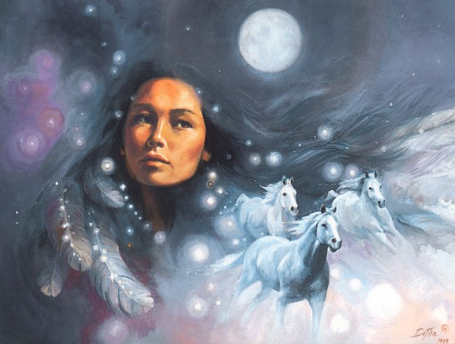 Серия "В индейском стиле" - пейзаж, девушка, кони, животные, лошади - оригинал