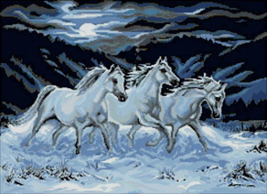 лошади - тройка, лошадь, ночь, картина, кони, животные - предпросмотр
