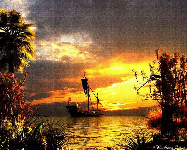 Корабль - закат, картина, море, пейзаж, корабль - оригинал