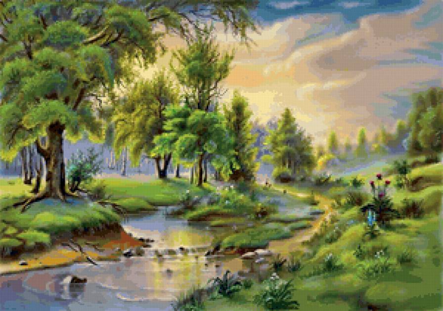 рассвет - лес, природа, картина, ручей - предпросмотр