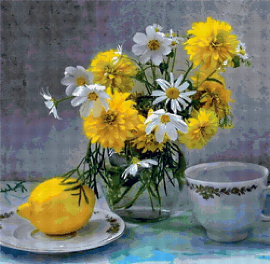 натюрморт - лимон, цветы, натюрморт - предпросмотр