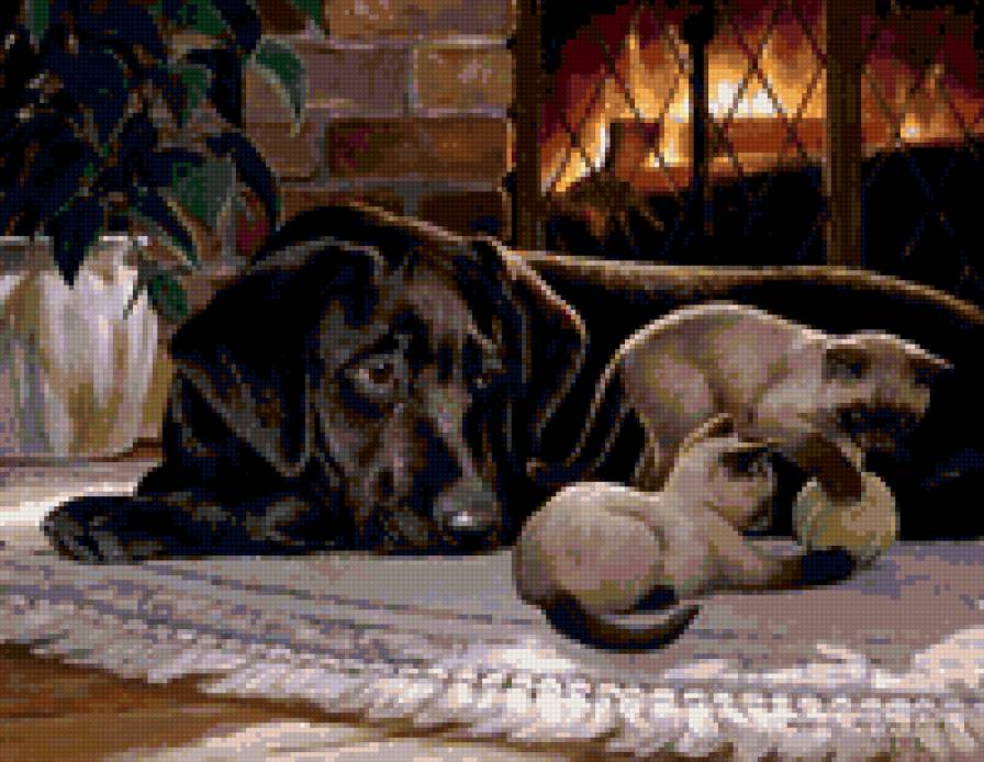 у камина - животные, живопись - предпросмотр