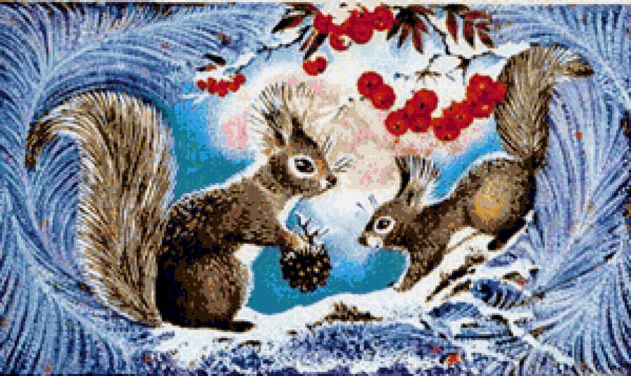 Белочки и рябина - белки, зверушки, зима, белочки, ягодки, узоры, рябина - предпросмотр