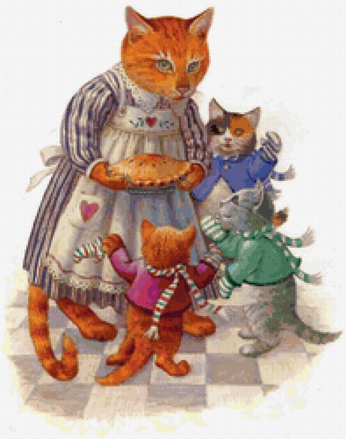 Кошка с котятами - животные, коты, живопись - предпросмотр