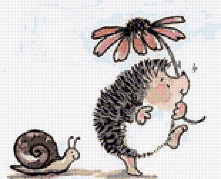 Весёлый ёжик - сердечки, ежик, веселый ежик, цветы, ромашки, ежики, улитка - предпросмотр