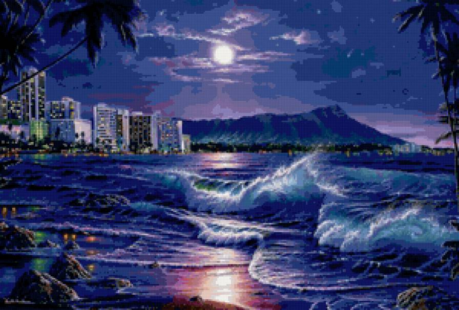 Лунная ночь - блики, ночь, луна, город, море, берег - предпросмотр