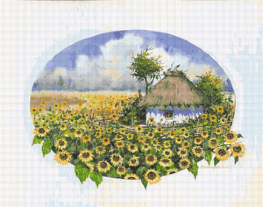 Серия "Пейзаж. Лето" - цветы, пейзаж, подсолнухи, лето, домик - предпросмотр