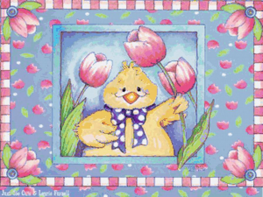 Пасхальная подушка - цветы, подушка, цыпленок, для детей, весна, пасха, тюльпаны - предпросмотр