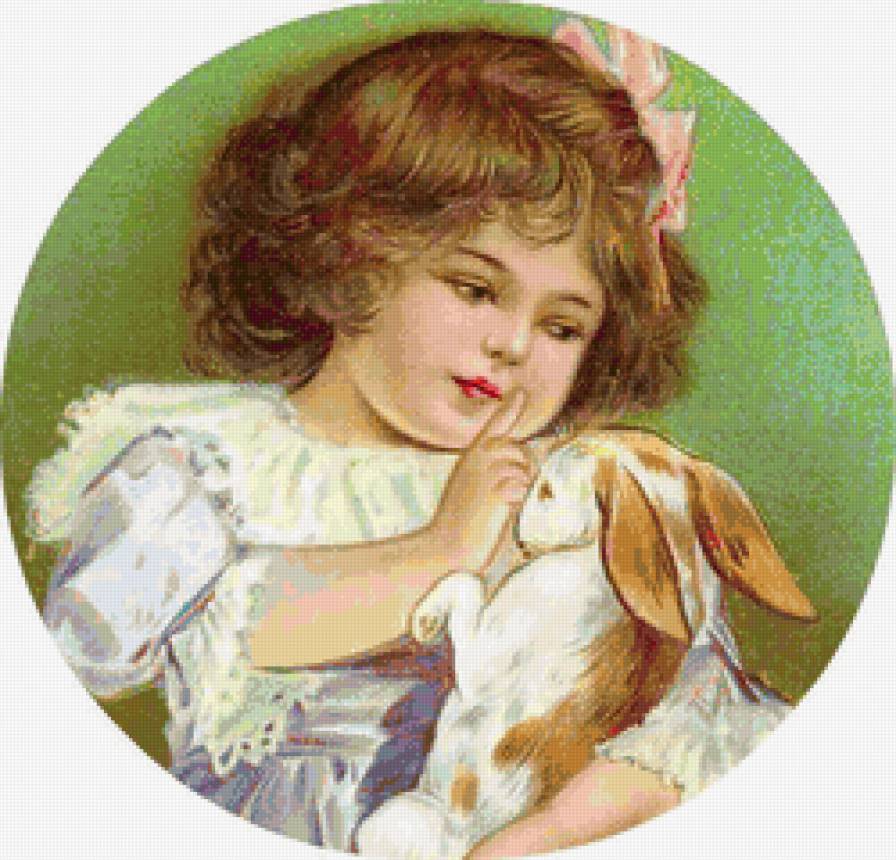 Девочка и кролик - животные, дети, живопись - предпросмотр