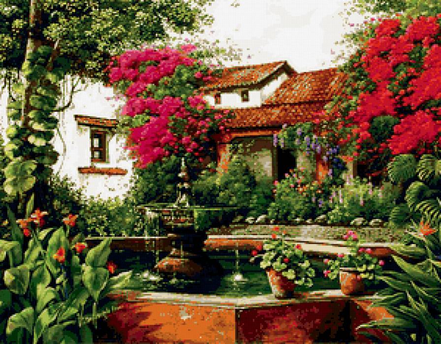 Цветы у фонтана - цветы, фонтан, двор - предпросмотр