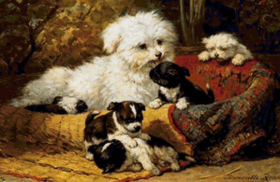 Семейство в корзинке - пейзаж, животные, щенки, собаки - предпросмотр