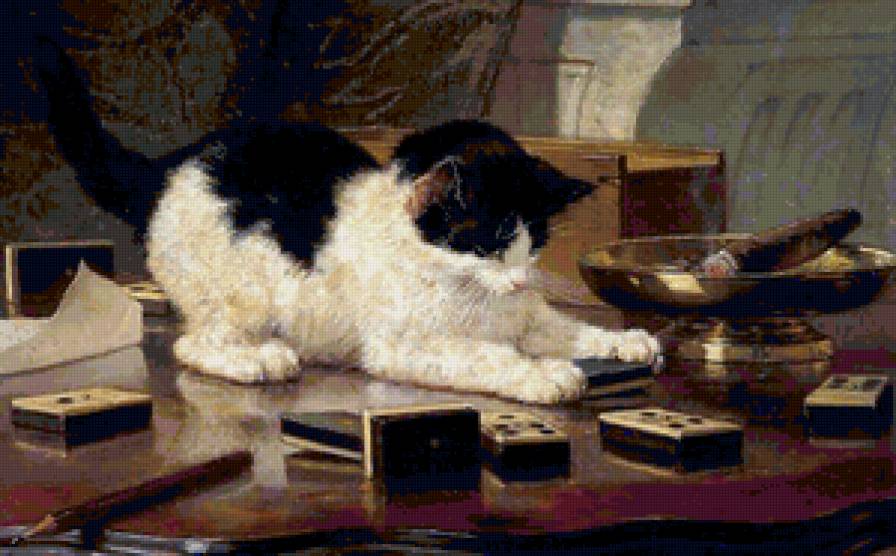 Котенок и домино - картина, котенок, животные - предпросмотр